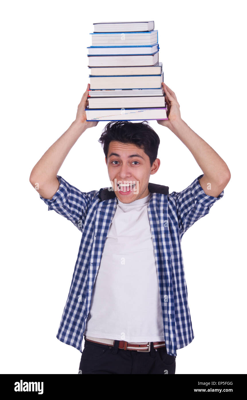Funny student with stack of books Stock Photo - Alamy