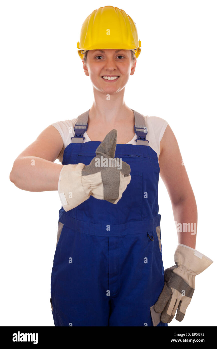 Junge Handwerkerin streckt den Daumen hoch Stock Photo