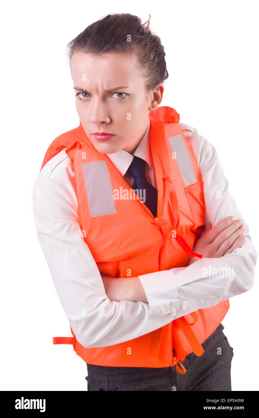 Young woman with life vest on white Stock Photo Alamy