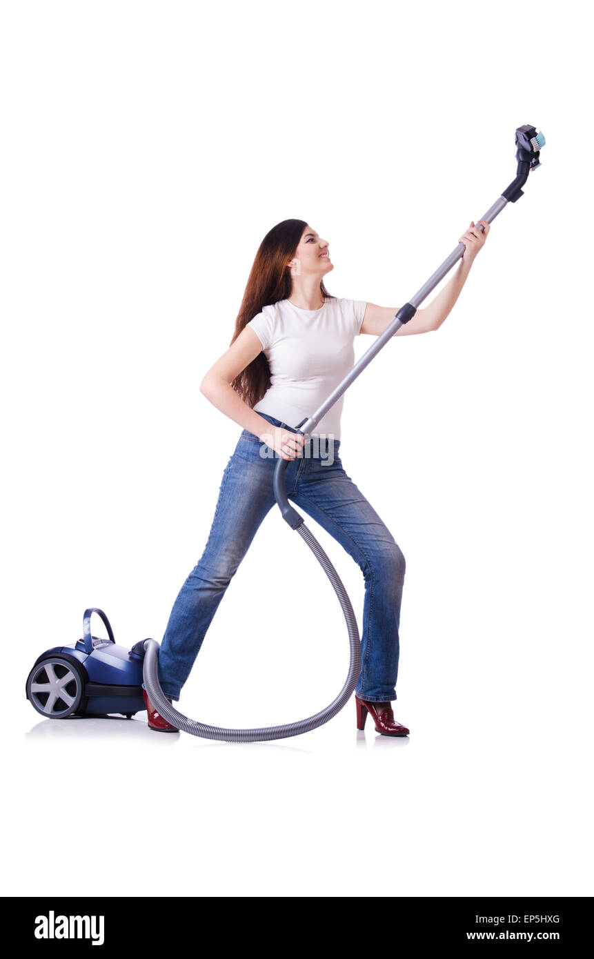 Young woman with vacuum cleaner on white Stock Photo - Alamy