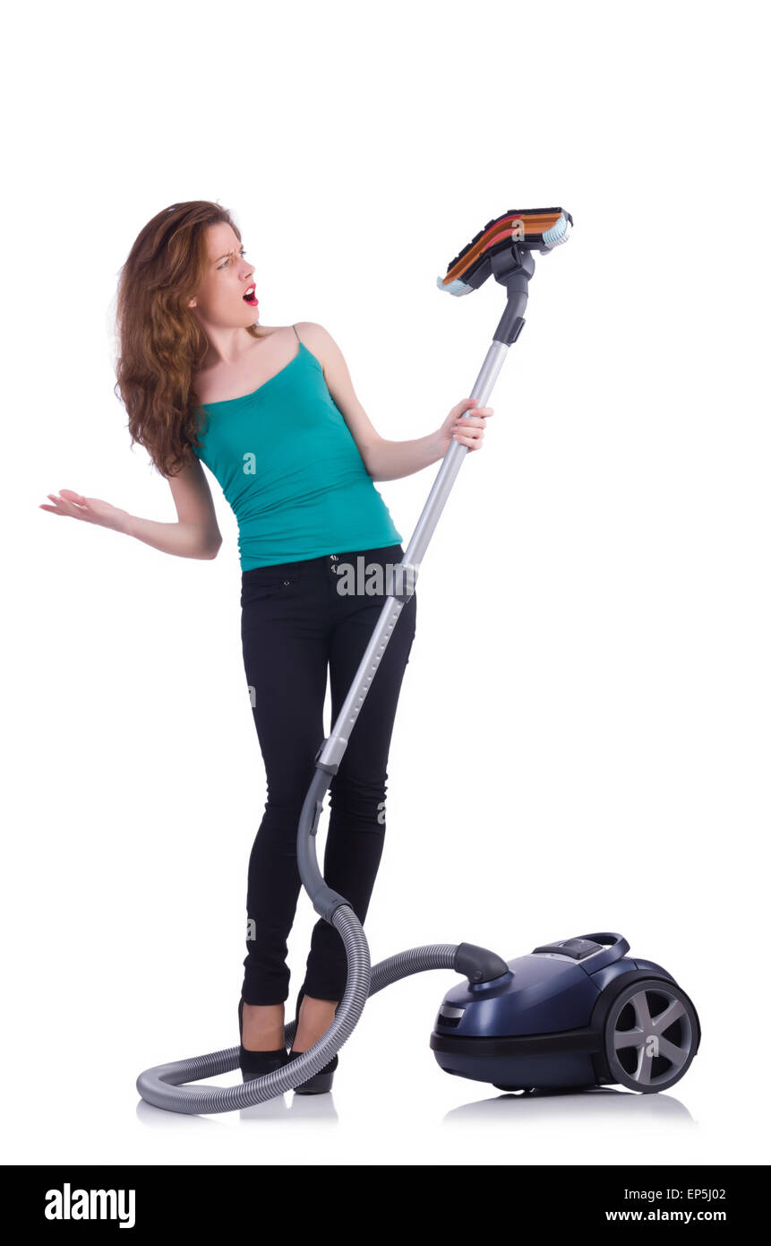 Young woman with vacuum cleaner on white Stock Photo - Alamy