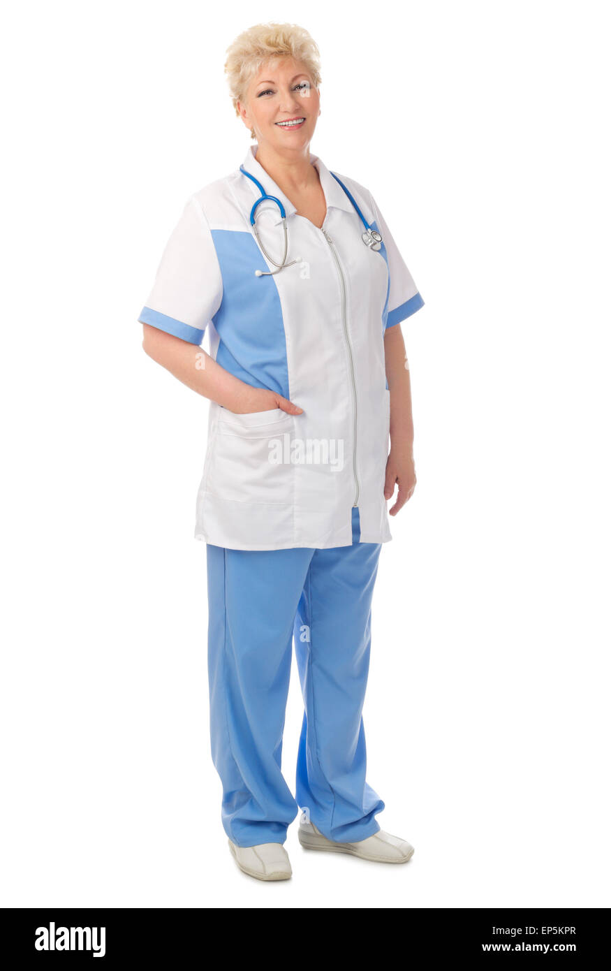 Smiling mature doctor with stethoscope isolated Stock Photo