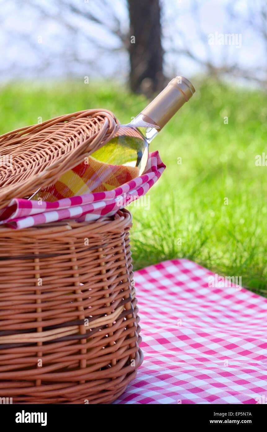 Picnic basket with bottle of wine in the woods Stock Photo - Alamy