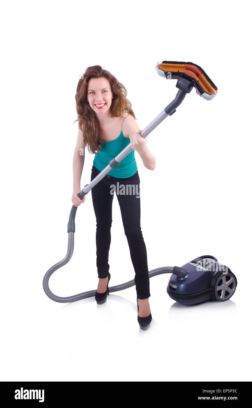 Young woman with vacuum cleaner on white Stock Photo - Alamy