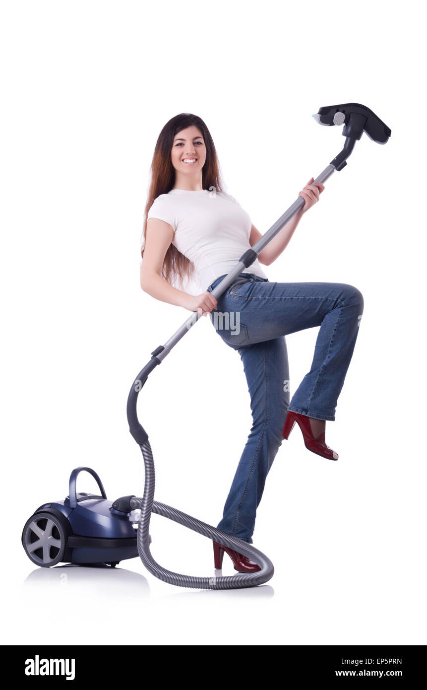 Young woman with vacuum cleaner on white Stock Photo - Alamy