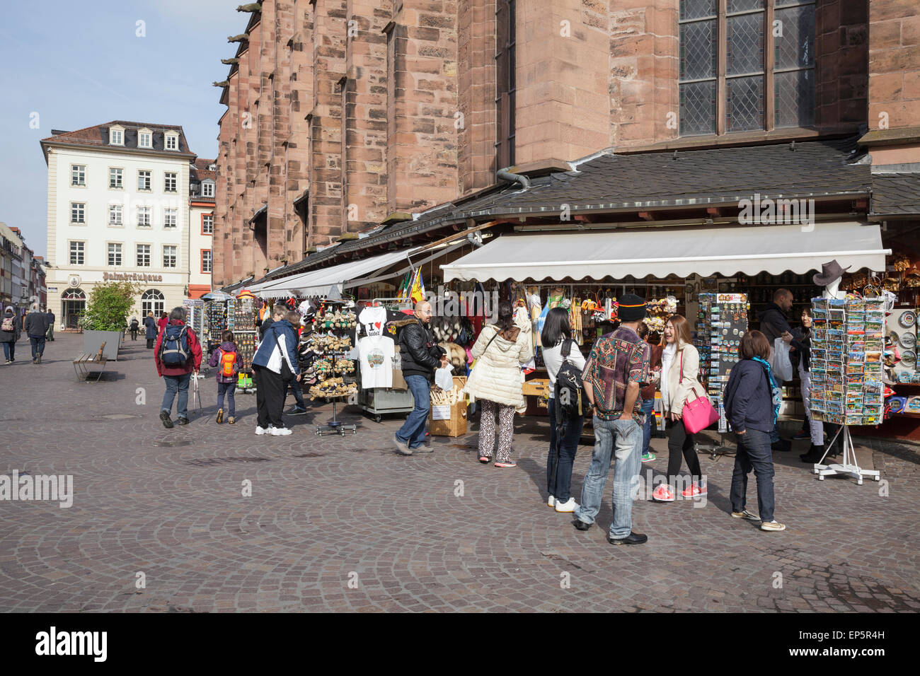 tourists shopping for souvenirs on the Marktplatz, Heidelberg, Baden-Württemberg, Germany Stock Photo