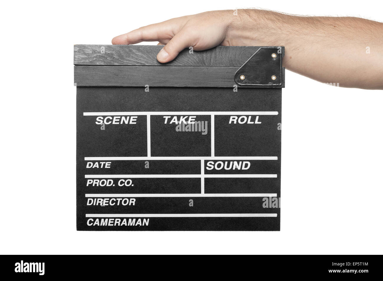 male hand holding movie production clapper board Stock Photo