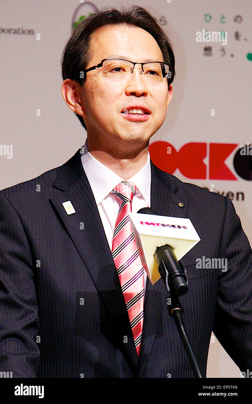 Governor of Fukushima Prefecture, Masao Uchibori speaks during a press conference of ''RockCorps supported by JT 2015'' on May 13, 2015, Tokyo, Japan. RockCorps, in collaboration with collaboration Fukushima Prefecture and other companies such as Yahoo! Japan, will organise volunteers to help rebuild the communities badly affected by the Great East Japan Earthquake of 2011. For the second year in Japan organizers expect more than 4,000 volunteers who will each give four hours of their time working on ''agriculture support, environmental regeneration and life support'' projects (from May 31st Stock Photo
