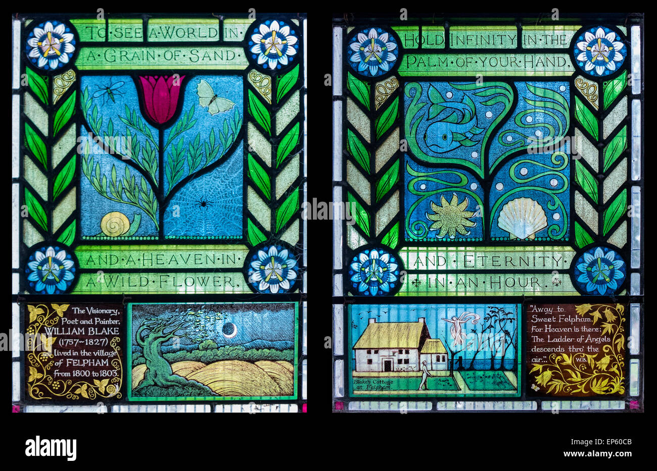 Stained glass windows based on William Blake's work, in Felpham Parish Church, West Suusex, UK Stock Photo