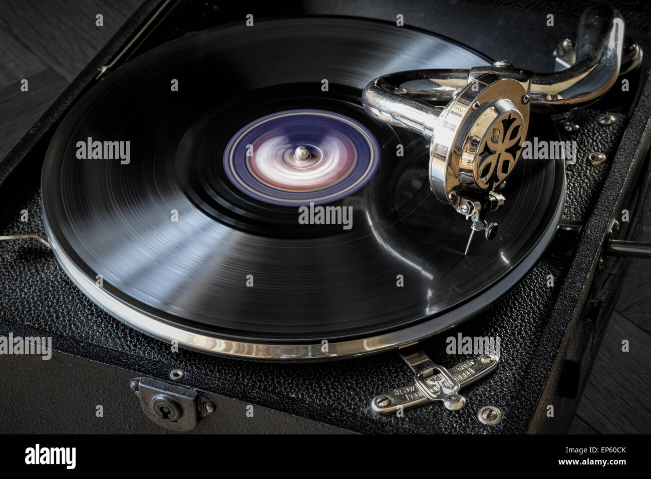 78 rpm record playing on wind-up gramophone Stock Photo