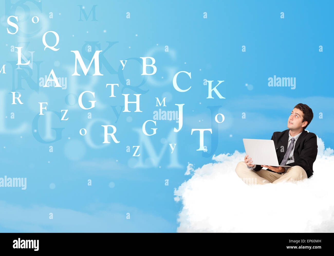 Businessman sitting in cloud with laptop Stock Photo - Alamy