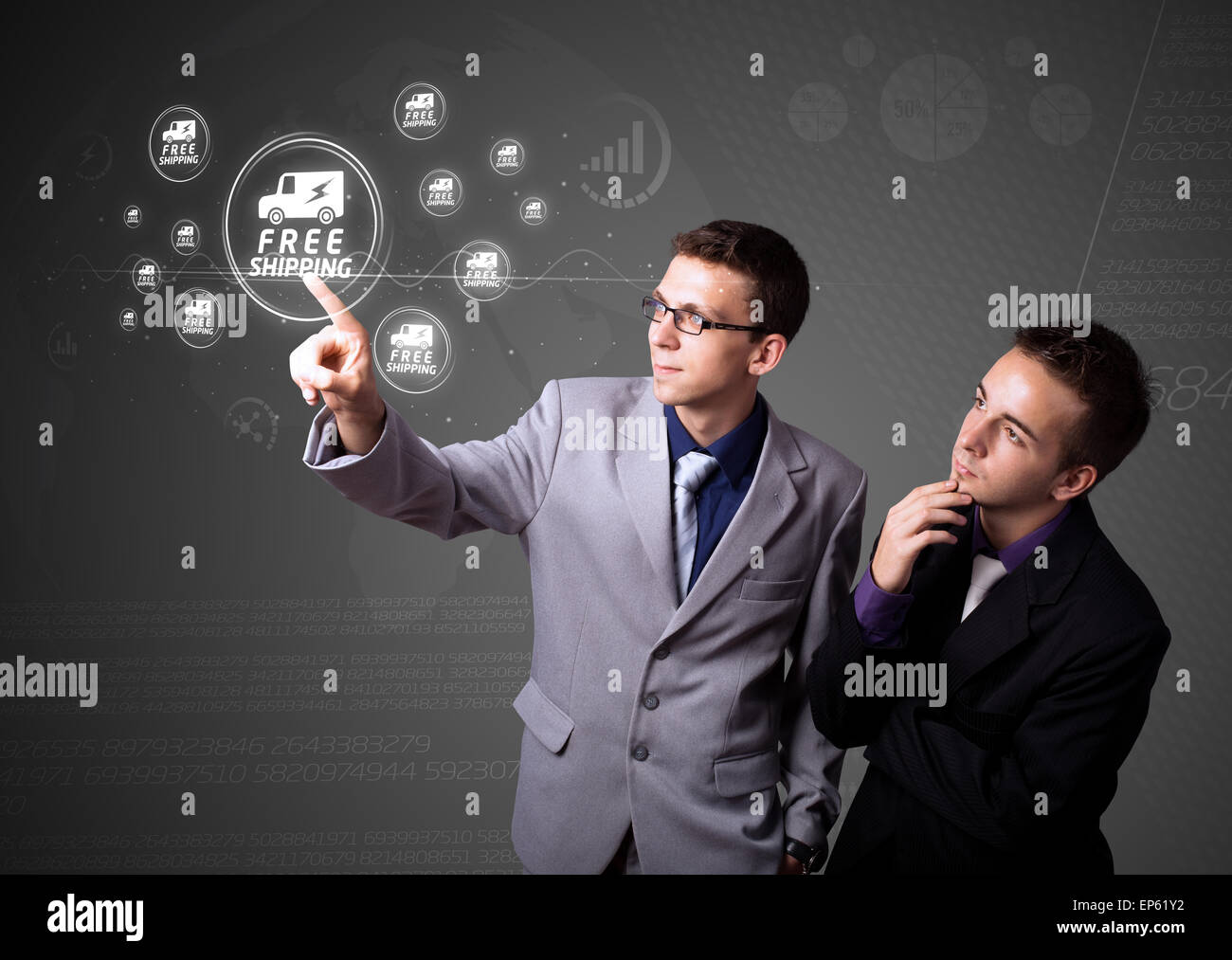 Businessman pressing virtual promotion and shipping type of icons Stock Photo