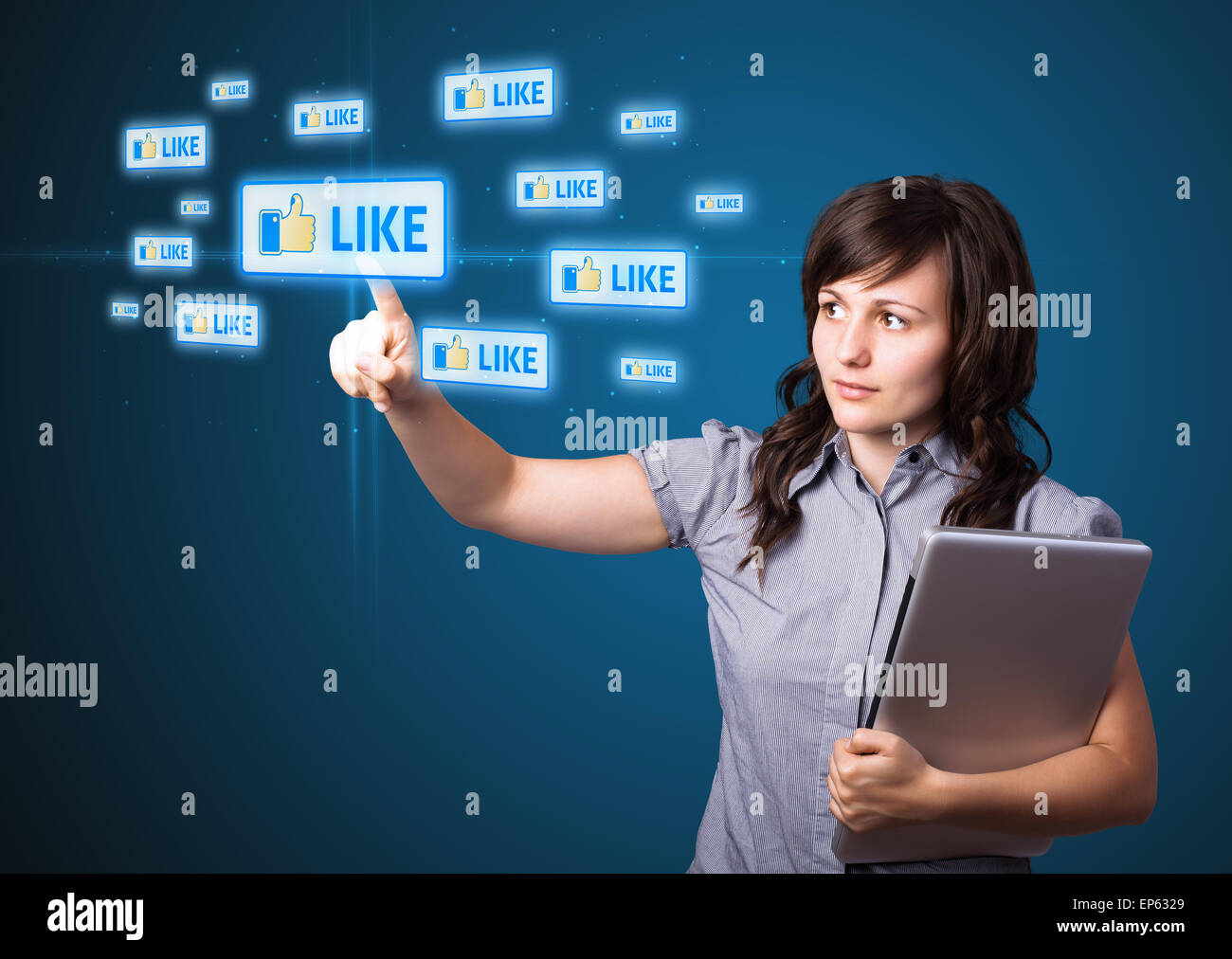 Businesswoman pressing modern social type of icons Stock Photo