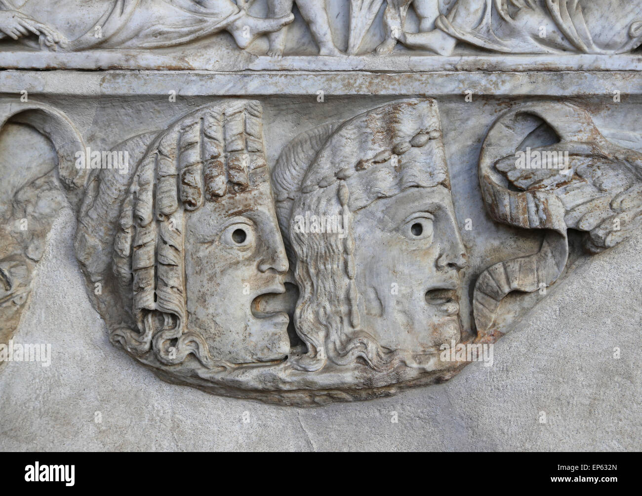 Sarcophagus. Decoration of tragic masks. Marble. 150-160 AD. Rome. National Roman Museum. Baths of Diocletian. Rome. Italy. Stock Photo