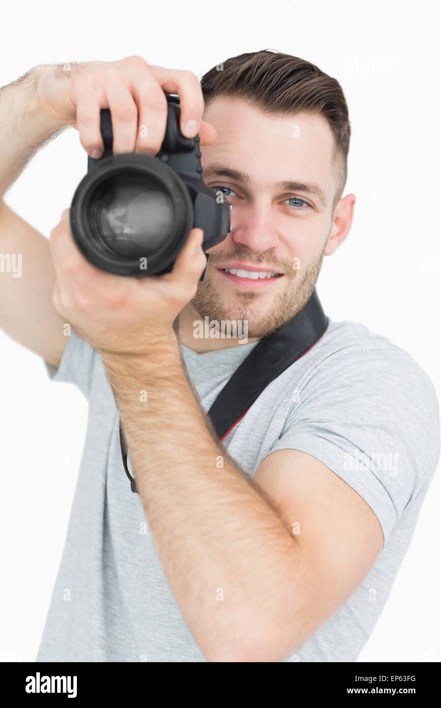 Portrait of male photographer with photographic camera Stock Photo - Alamy