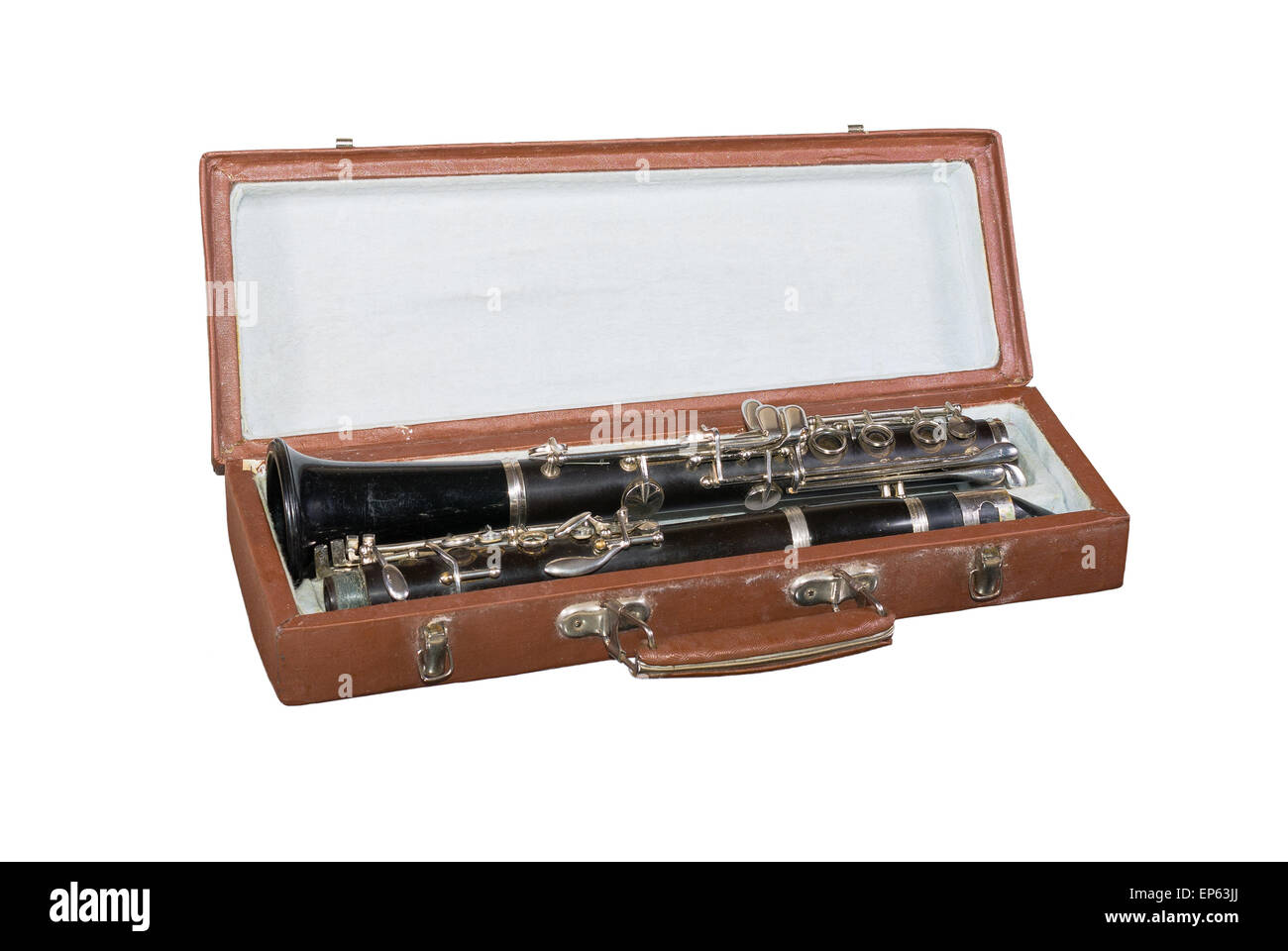 Case with an old clarinet isolated on white background. Stock Photo