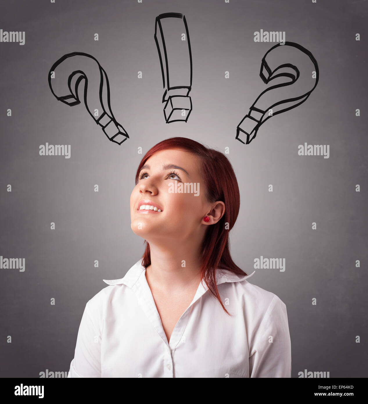 Young lady thinking with question marks overhead Stock Photo - Alamy