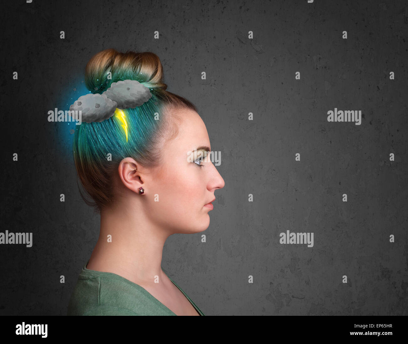 Young girl with thunderstorm lightning headache Stock Photo Alamy