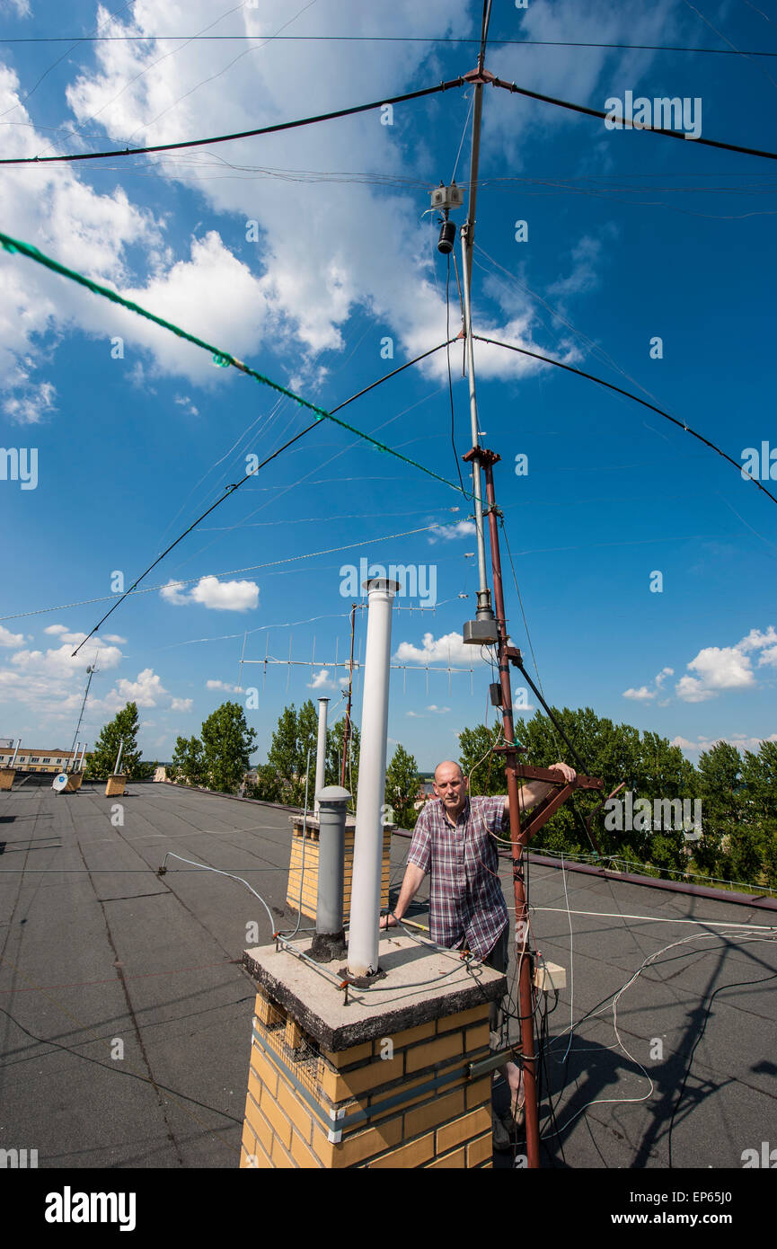 Amateur Radio antennas on the roof in Grajewo, NE Poland Stock Photo