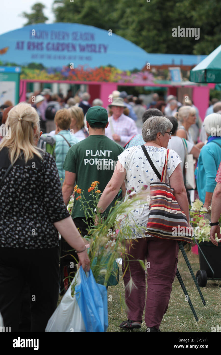 Plant porter helps  shoppers buying and carrying plants and flowers at RHS Hampton Court Flower Show, July 2014 Stock Photo