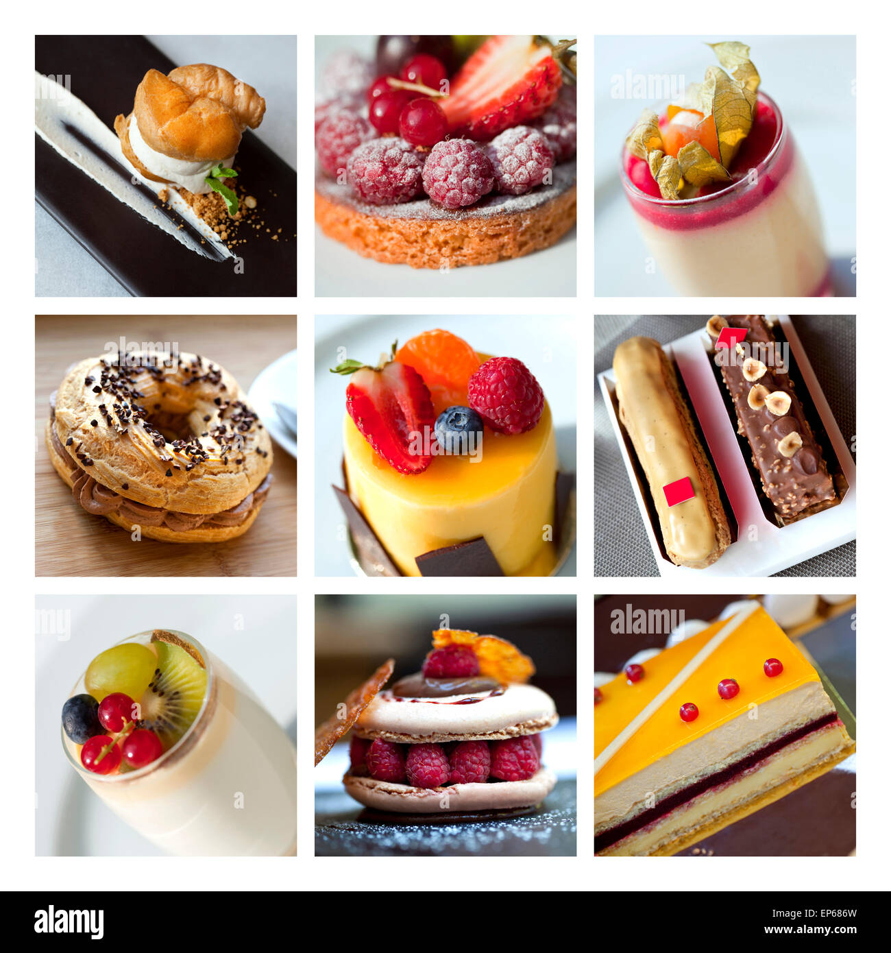 Various cakes and French desserts on a collage Stock Photo Alamy