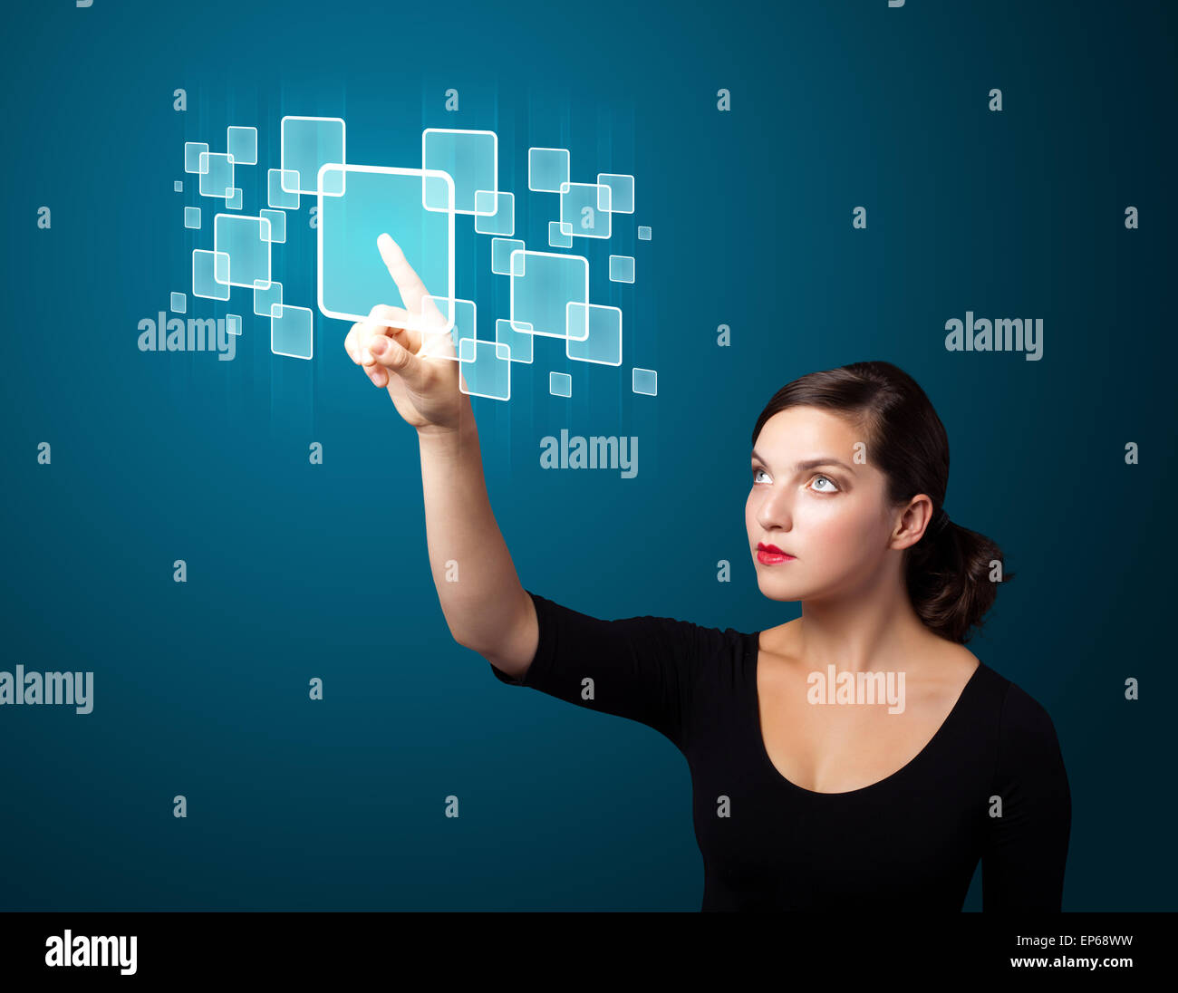 Businesswoman pressing high tech type of modern buttons Stock Photo - Alamy