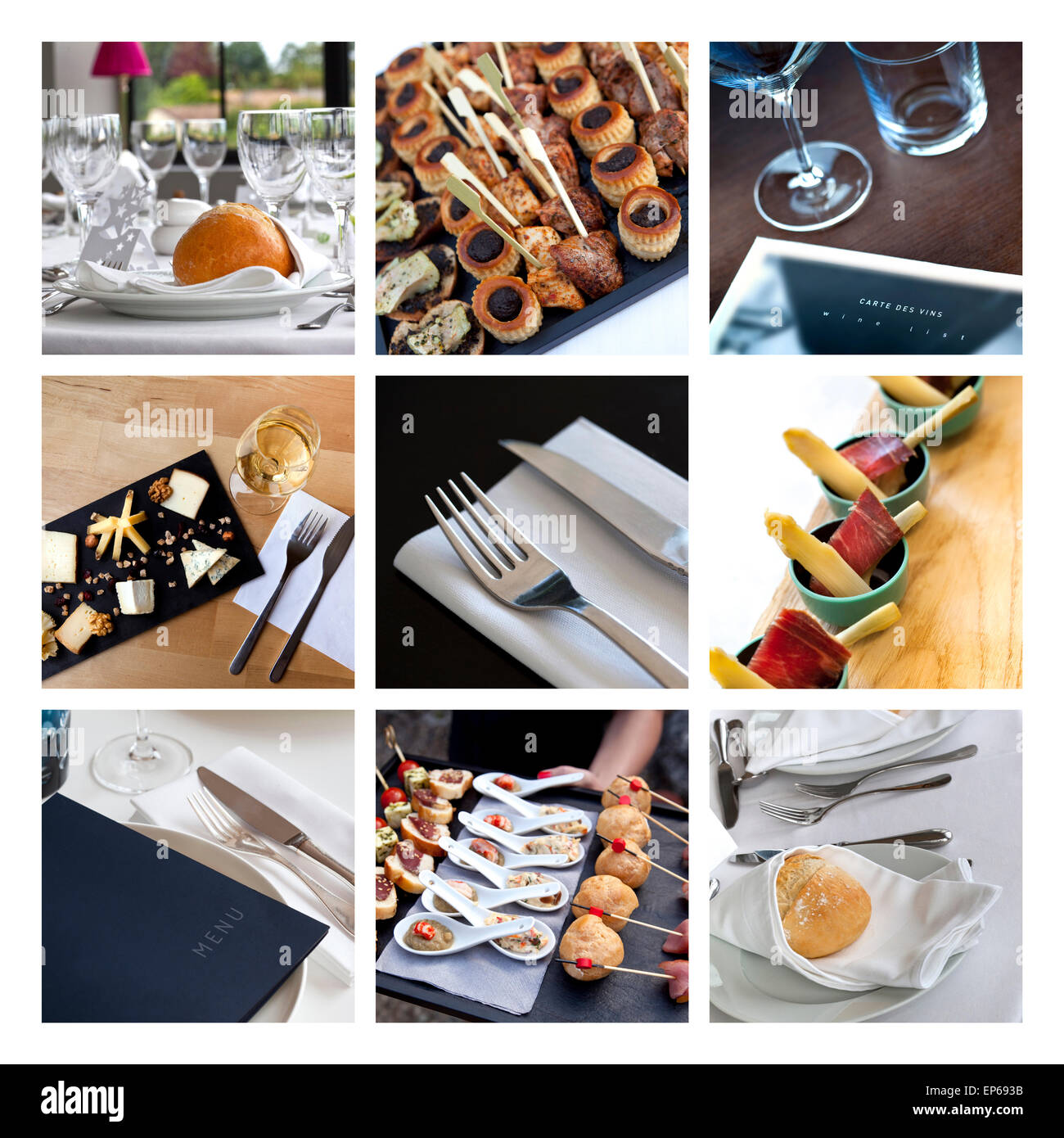 Buffet, table set and caterers on a collage Stock Photo