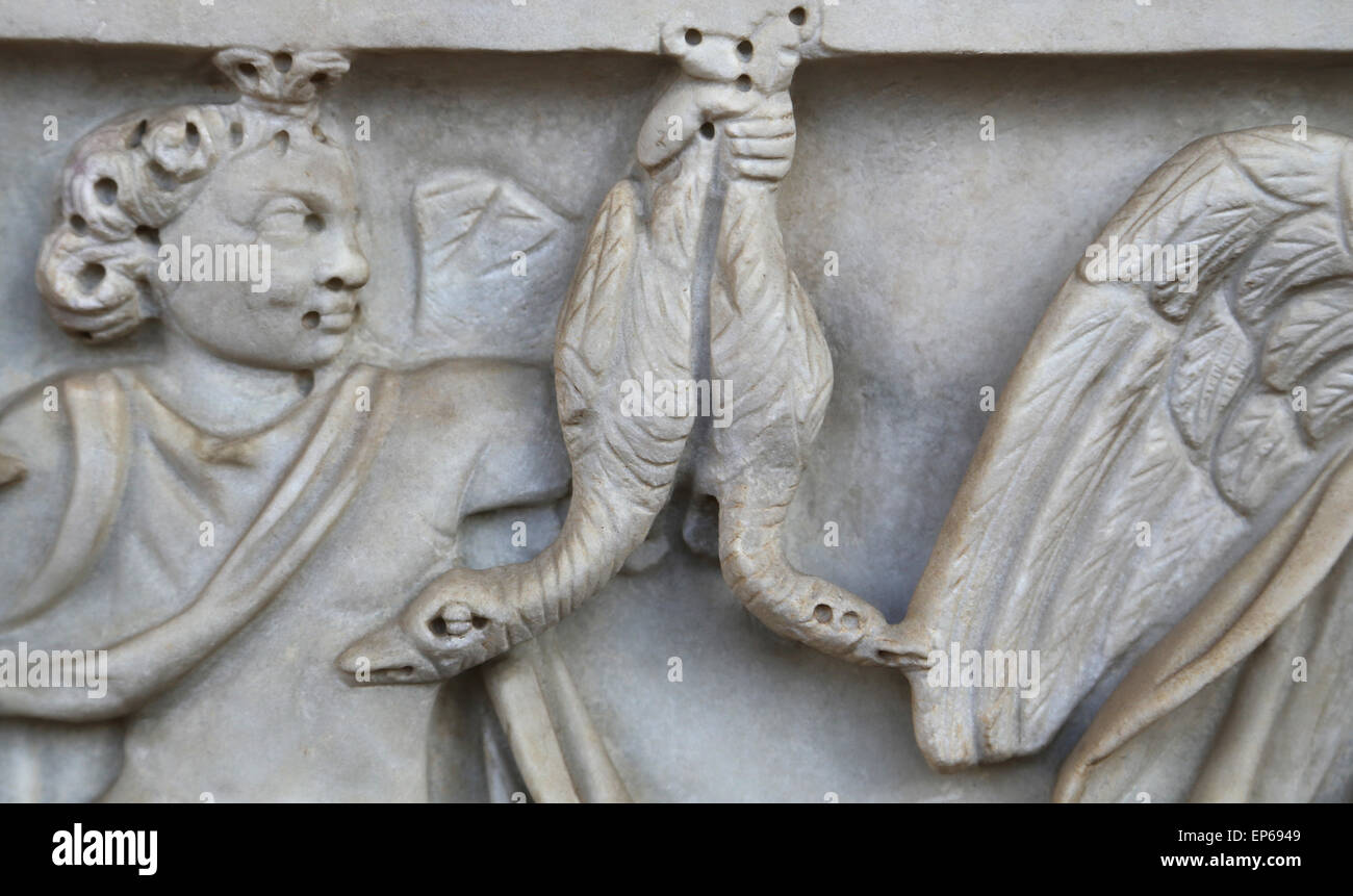 Sarcophagus. Relief. Detail. Cupid with ducks. Marble. 3rd c. AD. Ostia. National Roman Museum. Baths of Diocletian. Rome. Italy Stock Photo