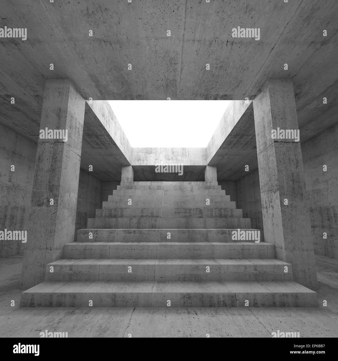 Abstract empty dark concrete interior background with columns and the stairway going up to the light,  3d render illustration Stock Photo