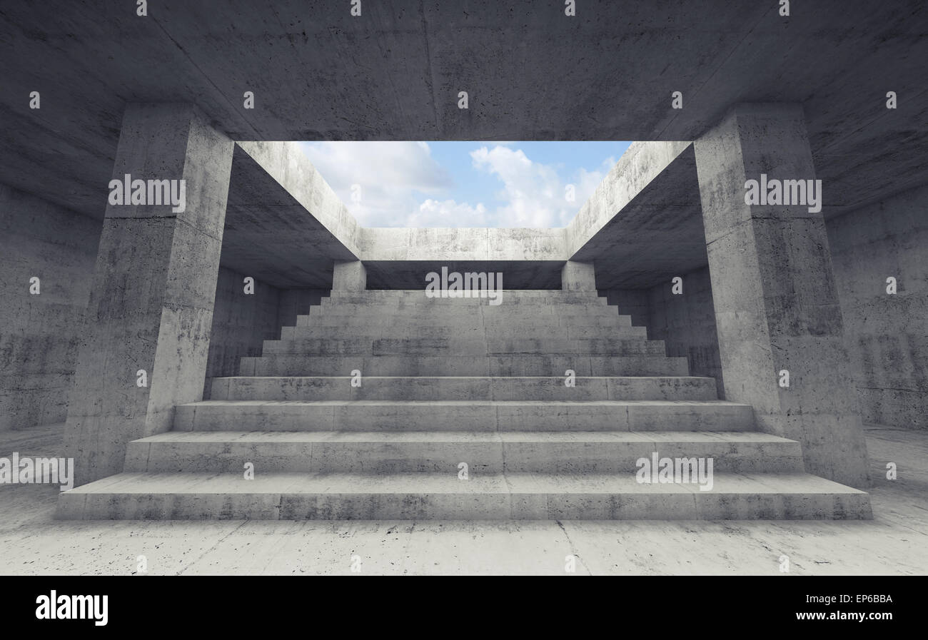 Abstract empty dark concrete interior background with columns and the stairway going up to the sky,  3d render illustration Stock Photo