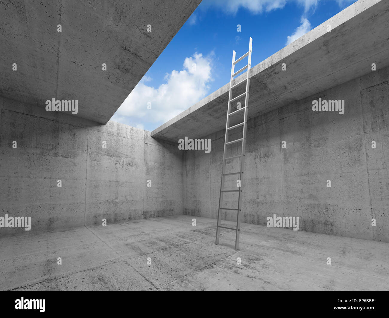 Metal ladder goes up to the sky out from the empty concrete room interior, 3d illustration Stock Photo