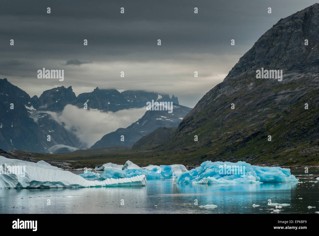 Blue icebergs in Prince Christian Sound, southern Greenland Stock Photo