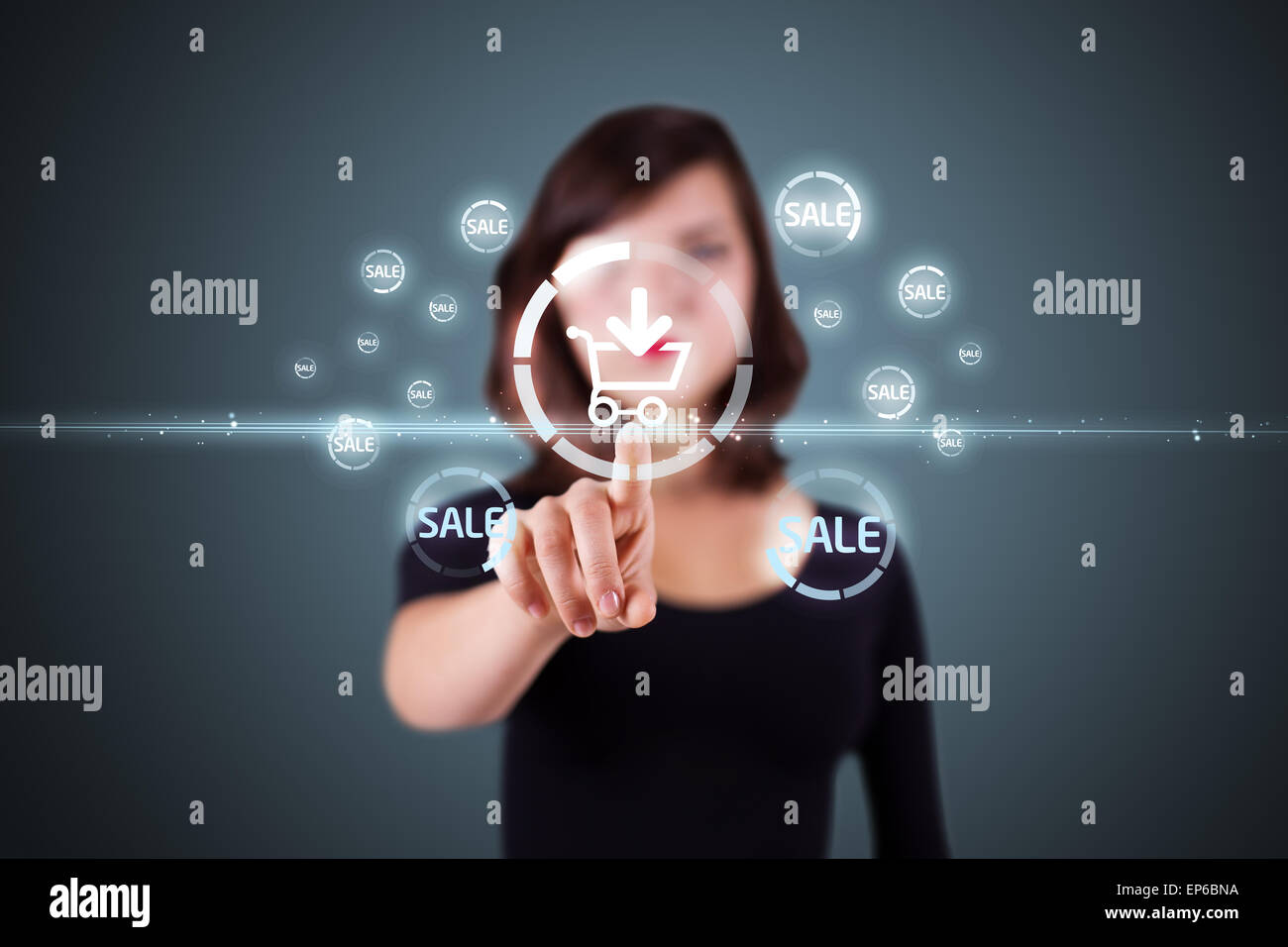 Businesswoman pressing virtual promotion and shipping type of icons Stock Photo