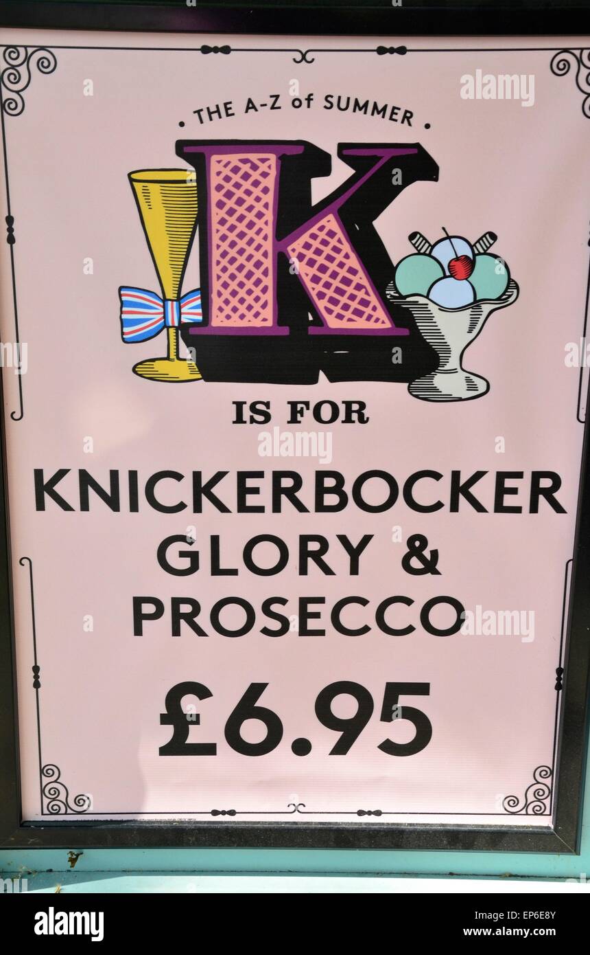 A Sign Advertising Knickerbocker Glory & Prosecco at The Salt Quay Pub, Rotherhithe, London, England, UK Stock Photo