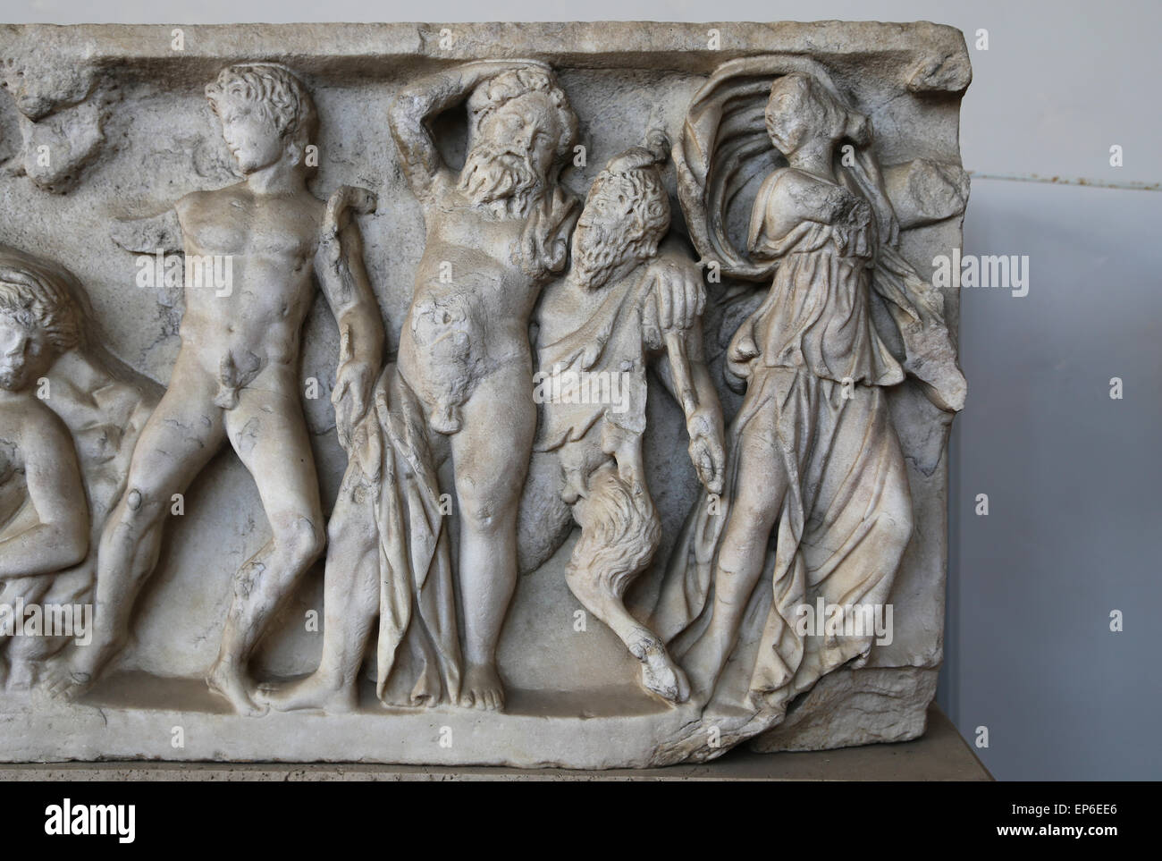 Sarcophagus. Dionysiac scenes. Marble. 160-180 Ad. Rome. Via Appia. National Roman Museum. Baths of Diocletian. Rome. Italy. Stock Photo