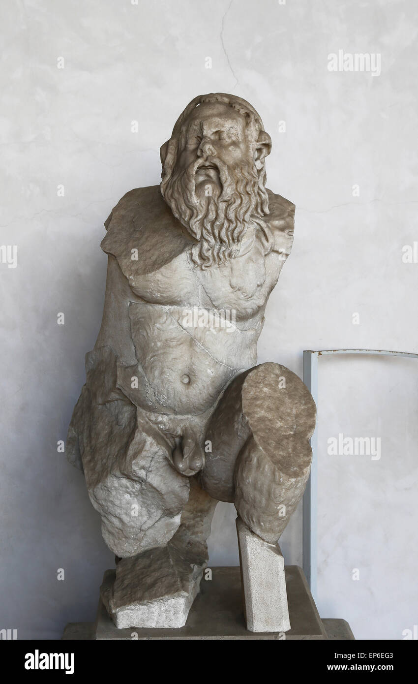 Silenus on their knees. Marble. 2t-2nd C. AD. Rome. National Roman Museum. Baths of Diocletian. Rome. Italy. Stock Photo