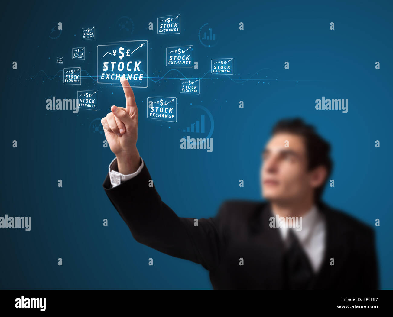 Businessman pressing modern business type of buttons Stock Photo