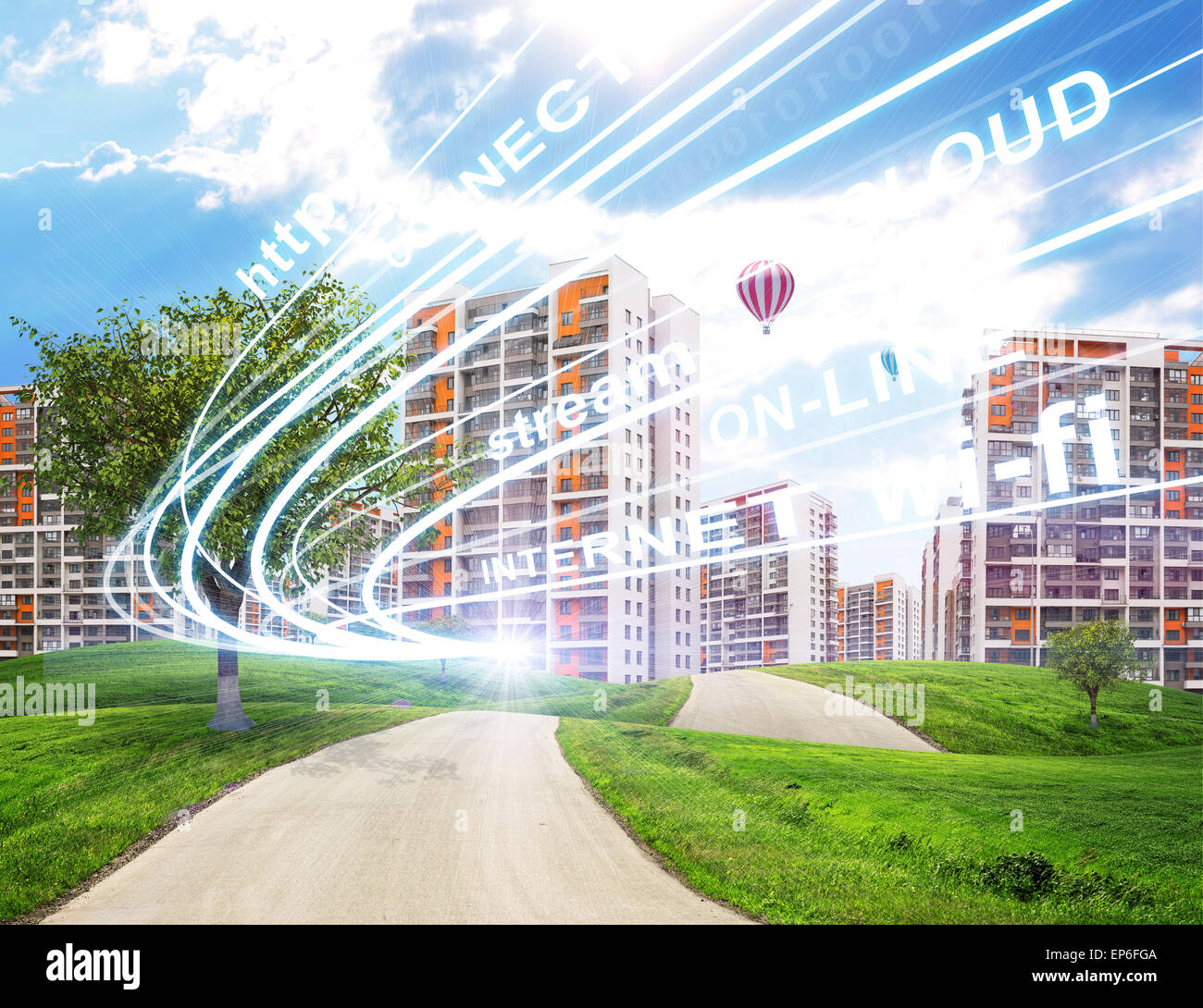 City under cloudy blue sky Stock Photo - Alamy