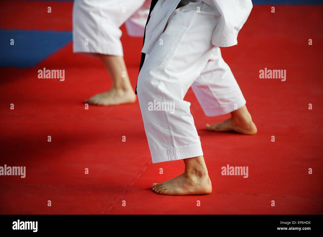 Feet of two karate practitioners are seen on the competition floor Stock Photo