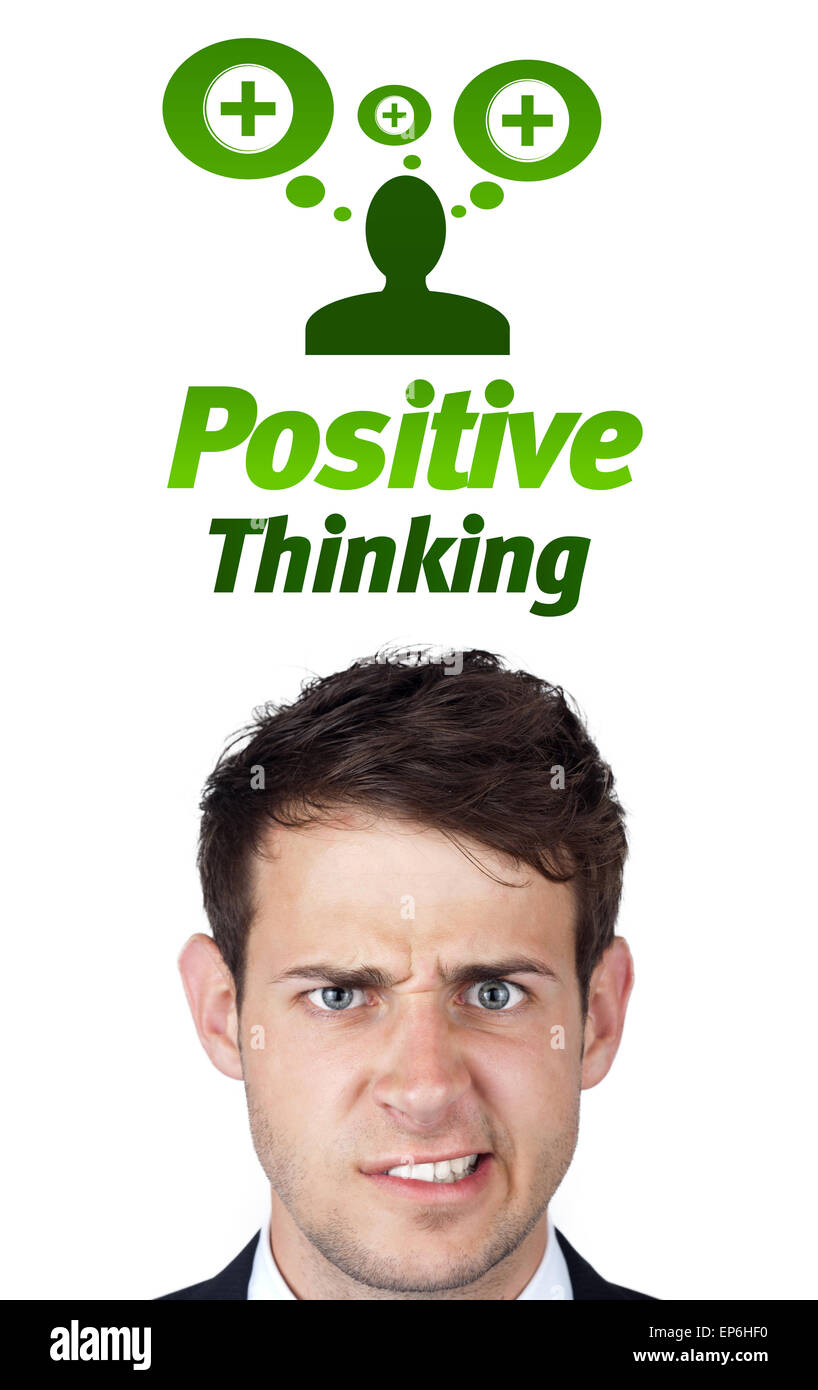 Young head looking at positive negative signs Stock Photo Alamy