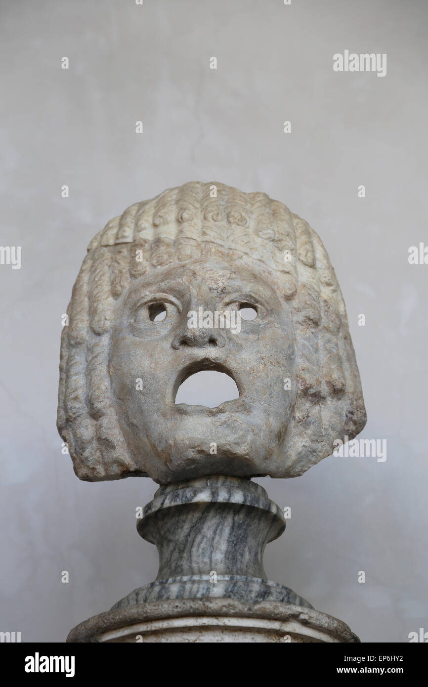 Roman theatre mask. White marble. 2nd century AD. Unknown provenance. National Roman Museum. Baths of Diocletian. Rome. Italy. Stock Photo