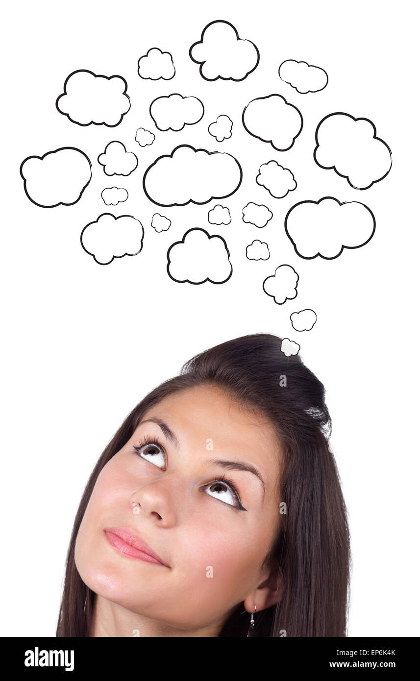 Young girl thinking with clouds Stock Photo - Alamy