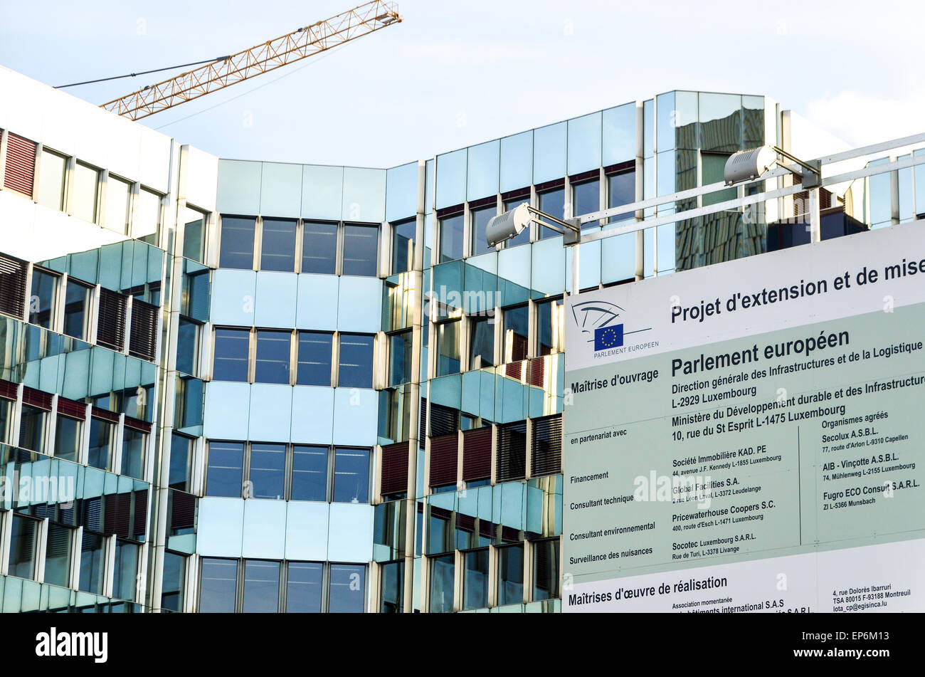 European parliament in Kirchberg, Luxembourg - extension project sign Stock Photo