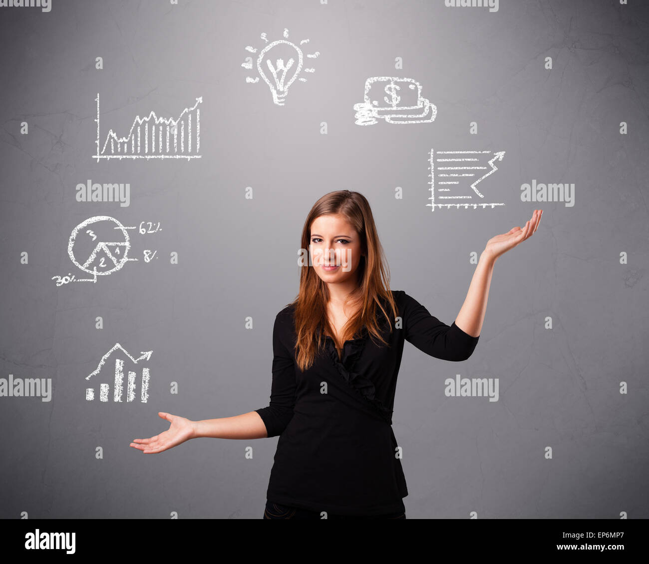 beautiful young woman juggling with statistics and graphs Stock Photo ...
