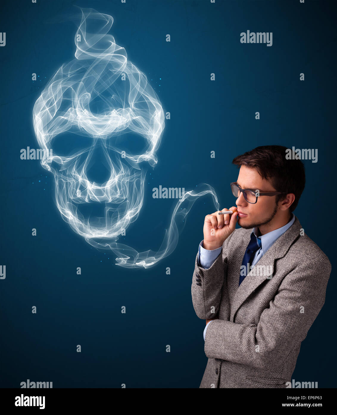 a skeleton smoking a cigarette with a devil looking at floating dark demon without face Prompts Golden Devil Skeleton Smoking Cigarette