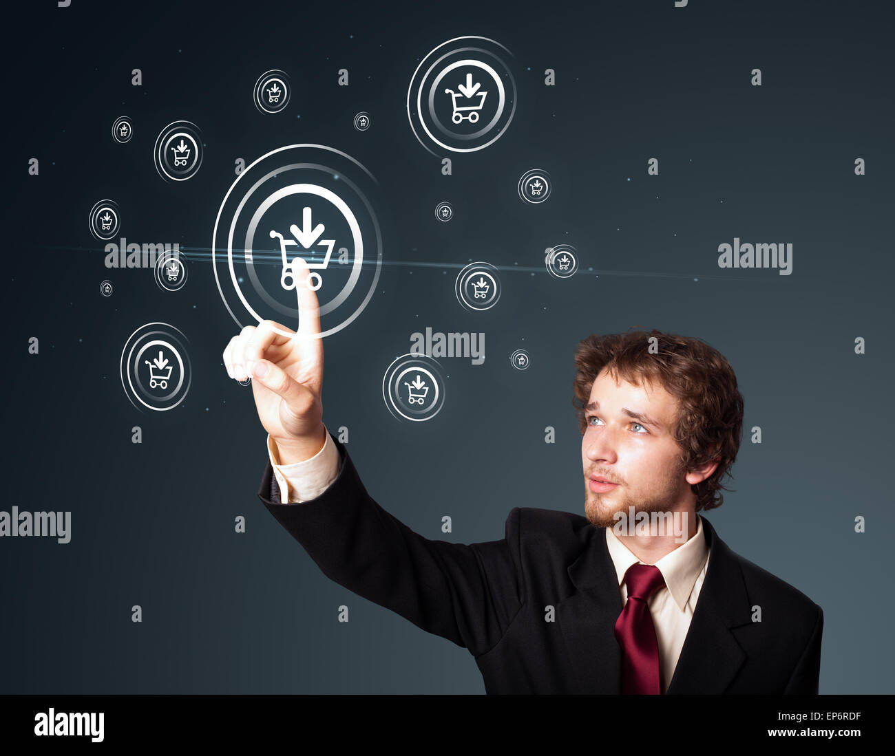 Businessman pressing virtual promotion and shipping type of icons Stock Photo