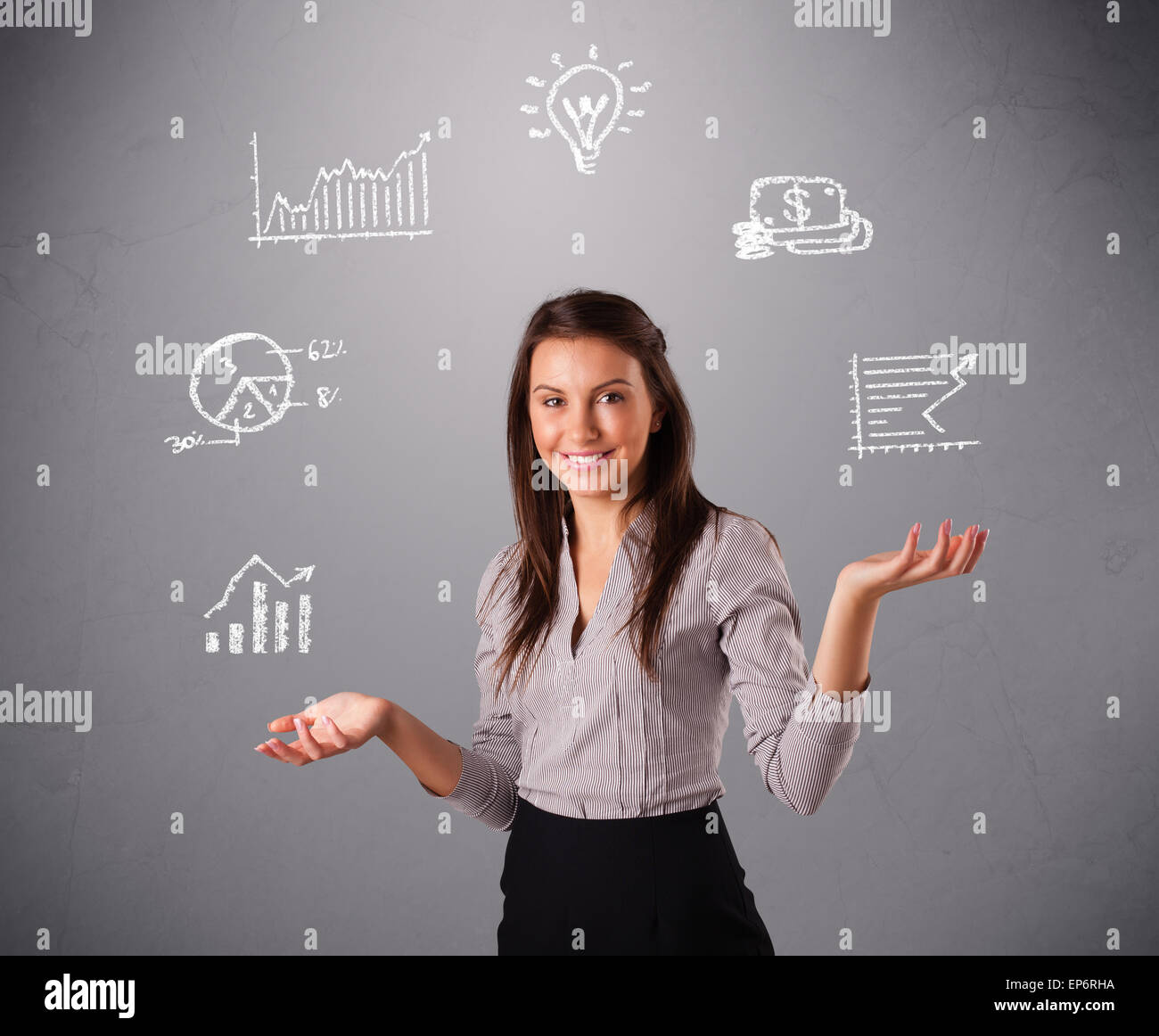 beautiful young woman juggling with statistics and graphs Stock Photo