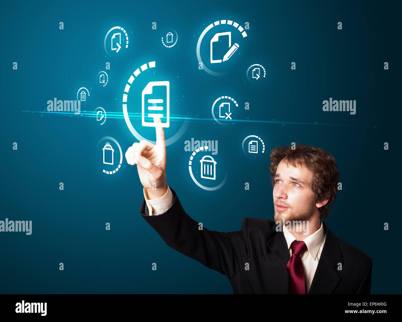 Businessman pressing modern business type of buttons Stock Photo