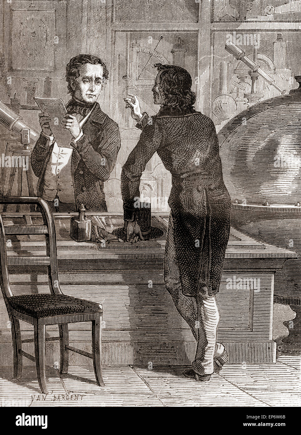 Nicéphore Niépce, whilst still unknown and poor, in Charles Chevalier's optical and instruments shop.  Charles Louis Chevalier, 1804- 1859. French engineer/optician.  Nicéphore Niépce, born Joseph Niépce,1765 – 1833. French inventor of photography. Stock Photo