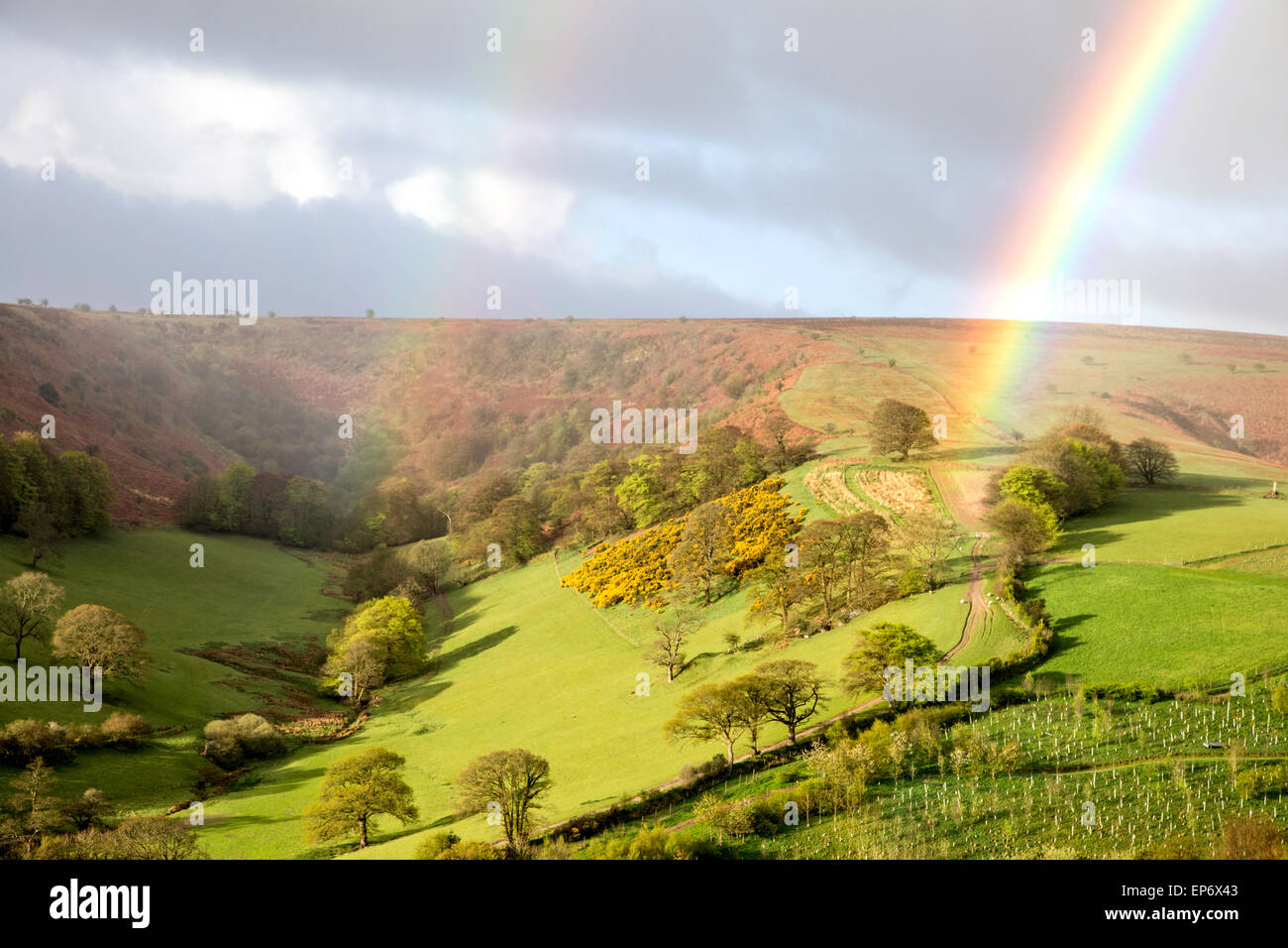 Rainbows over the Punchbowl on Winsford Hill near Winsford, Exmoor National Park, Somerset, England, UK Stock Photo